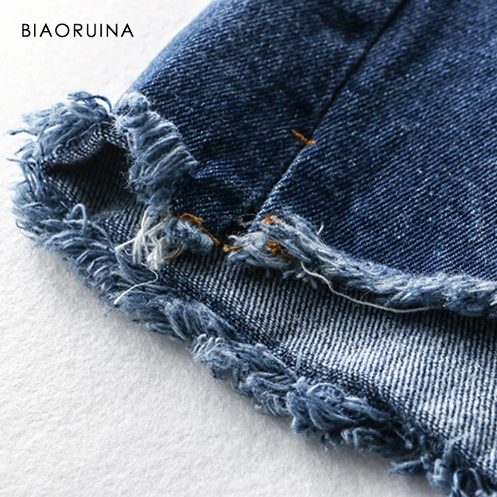 BIAORUINA, женские, синие, Выбеленные, джинсовые, короткие, для женщин, высокая талия, а-силуэт, повседневные, короткие, с кисточками, женские, летние, модные, Короткие