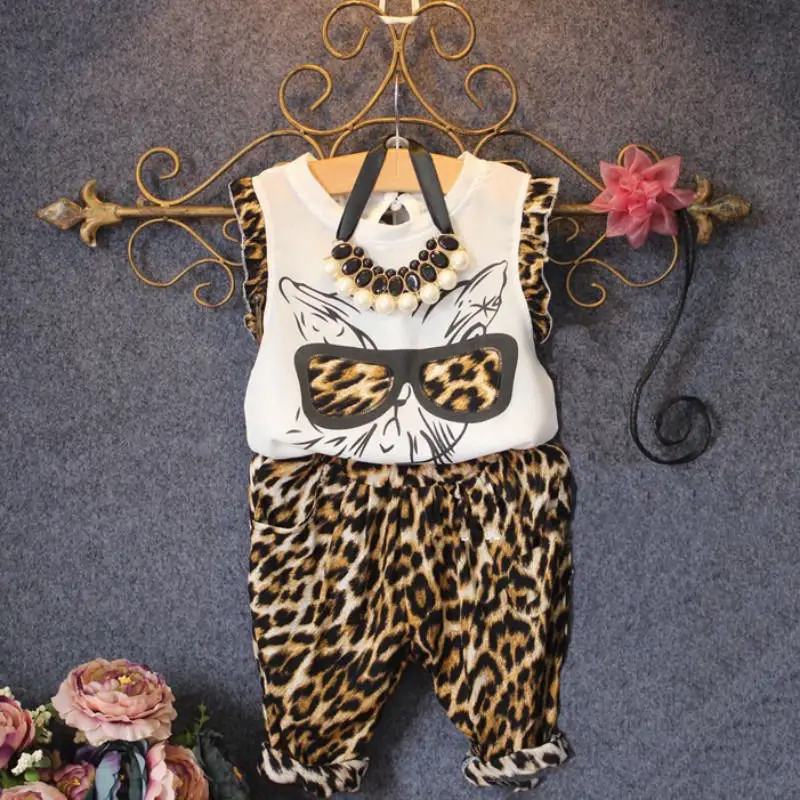 Hot Leopard Print Baby Kids Girls Lovely Cat Tops T-shirt Pants Outfits Age 2~6Y | Мать и ребенок