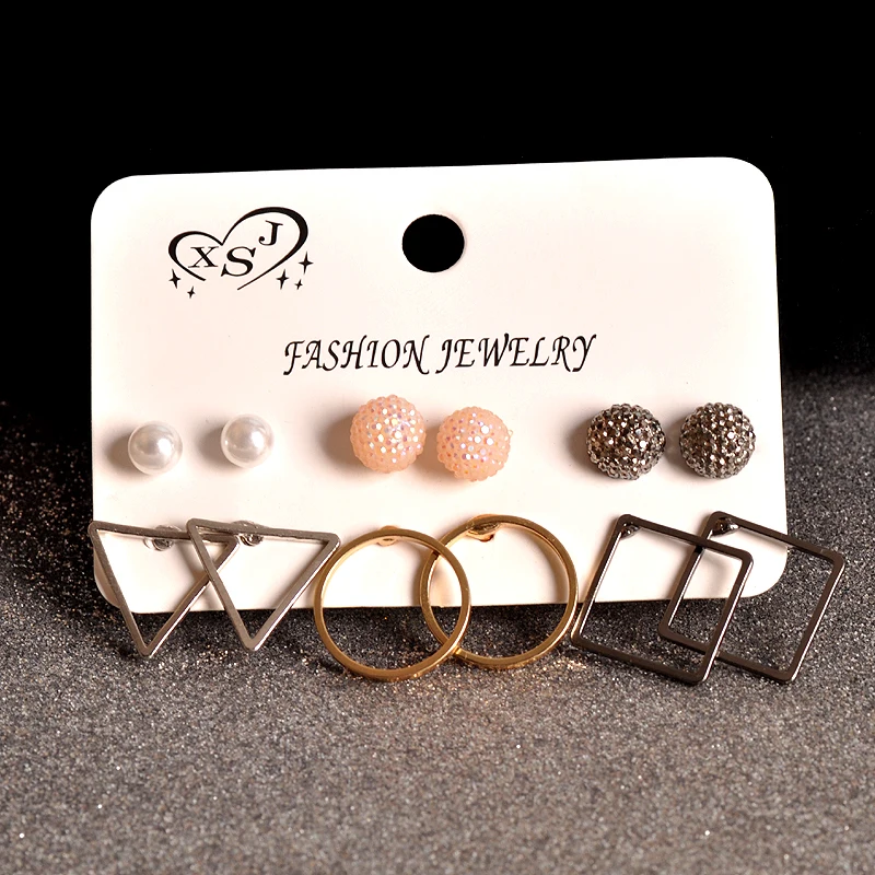 New fashion women accessories wholesale girls birthday party geometric stud mix-and-match 6 pairs /set earrings free of shipping | Украшения