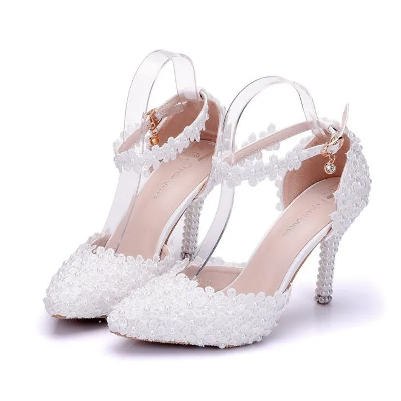 

Size 34-42 Women's White Pearl Lace Mesh Wedding Shoes Stiletto Pointed Banquet Wedding Shoes Sexy Sweet Wild Female Single Shoe