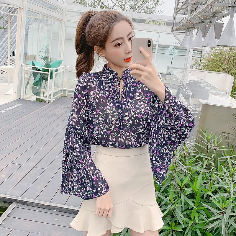 OllyMurs 2019 New Spring Summer Women Flare Sleeve Chiffon Shirts Woman Vintage Floral Printed Blouses Fashion Elegant Sexy Tops | Женская