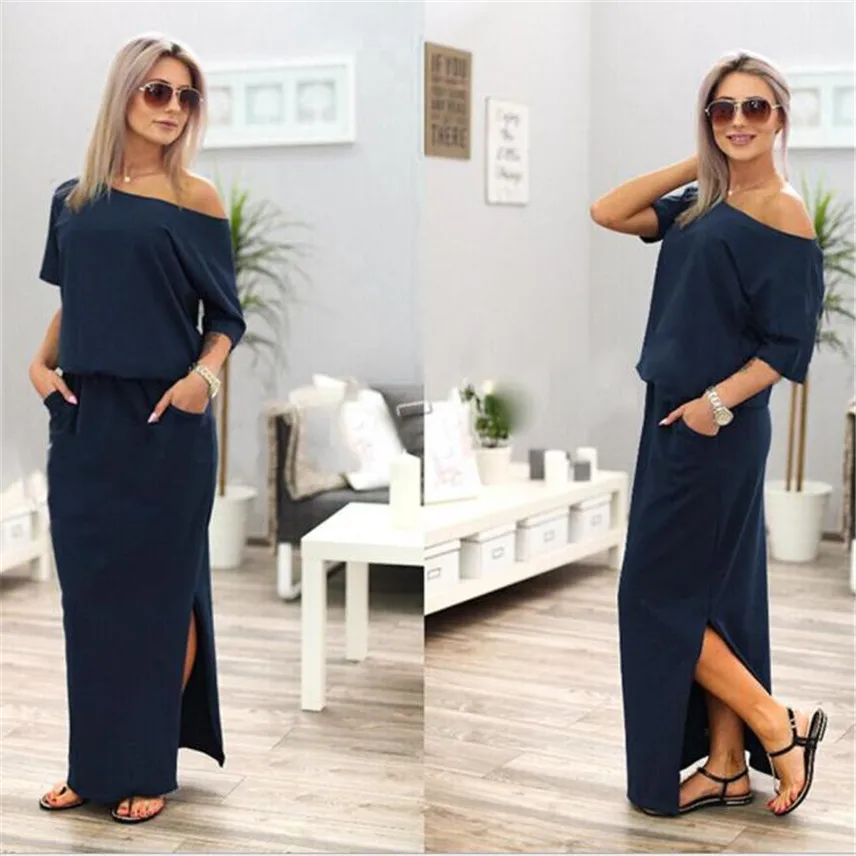 Женское пляжное платье Boho длинное с карманами и коротким рукавом Боковым