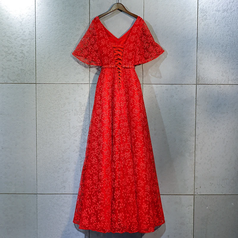 Sexy V-Neck Evening Dress Elegant Robe De Soiree A-line Short Sleeve Red Lace Dresses Long 2019 Vestido Festa |