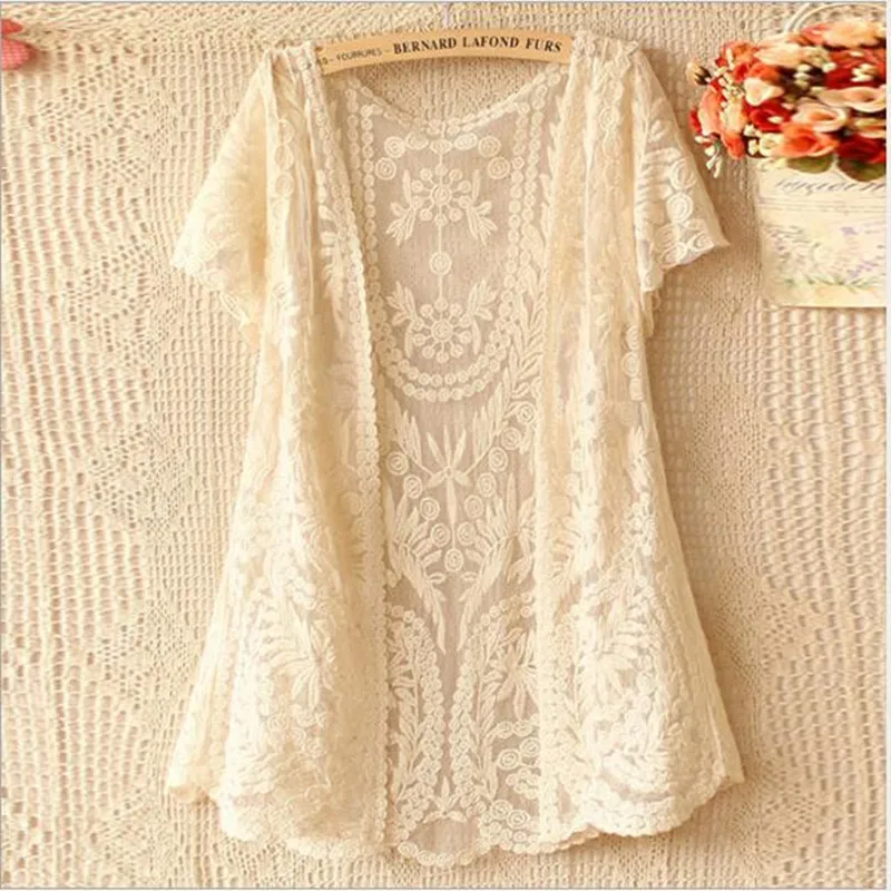 Женский кардиган с вышивкой кружевной коротким рукавом Солнцезащитный пляжный