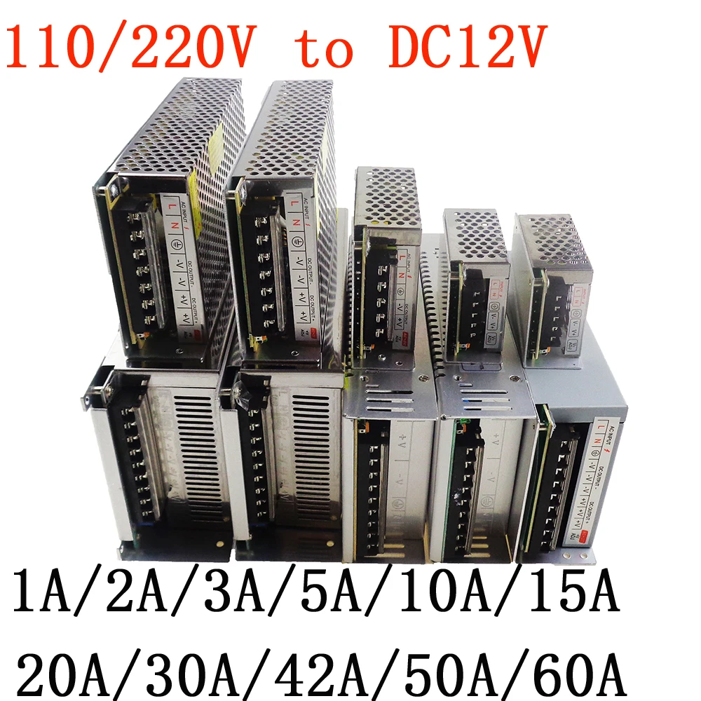 Светодио дный драйвер AC100-240V к DC 12 В 1A 2A 3A 5A 10A 15A 20A 30A 40A 50A 60A Мощность адаптер для Светодиодные ленты свет трансформатор питания