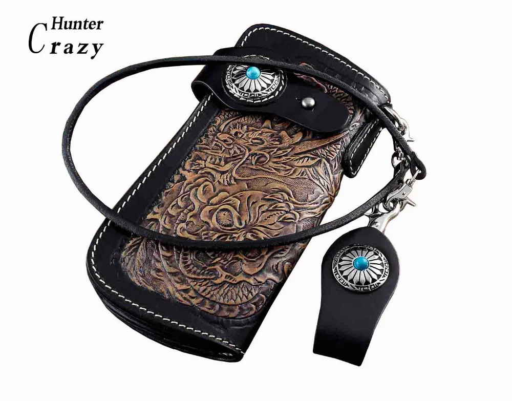 Байкерский кожаный резной кошелек на длинной цепочке ручной работы кожевенное