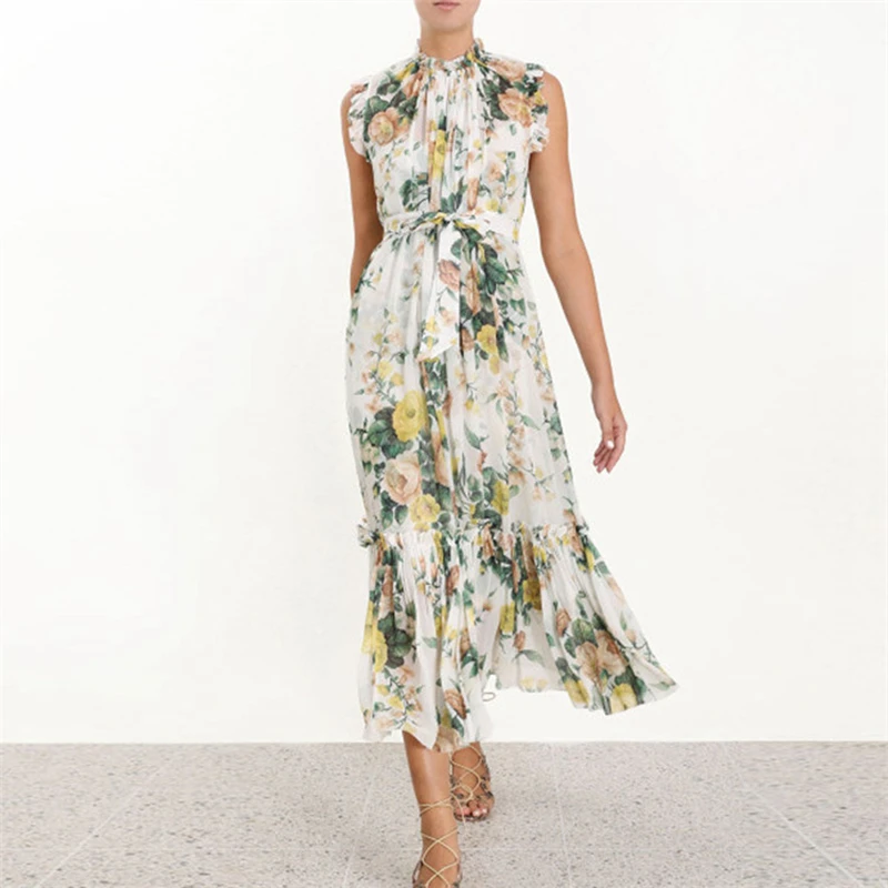 Женское подиумное платье винтажное миди с цветочным принтом и оборками