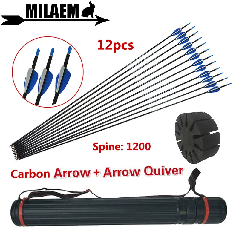 12pcs Archery Carbon Arrows With Arrow Quiver Spine 1200 Rubber Feather ID4.2mm Outdoor Bow Hunting Accessories | Спорт и