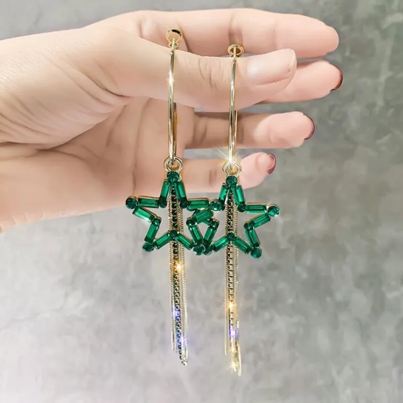 green FYUAN модные серьги-кольца в Корейском стиле с длинной кисточкой, глянцевый золотистый Серебристый цвет, серьги с кристаллами для женщин, вечерние ювелирные изделия, подарки - Окраска металла: green