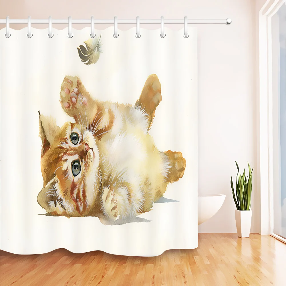 LB акварель Custom Animal милый котенок кошка и перо белая занавеска для душа с ковриком