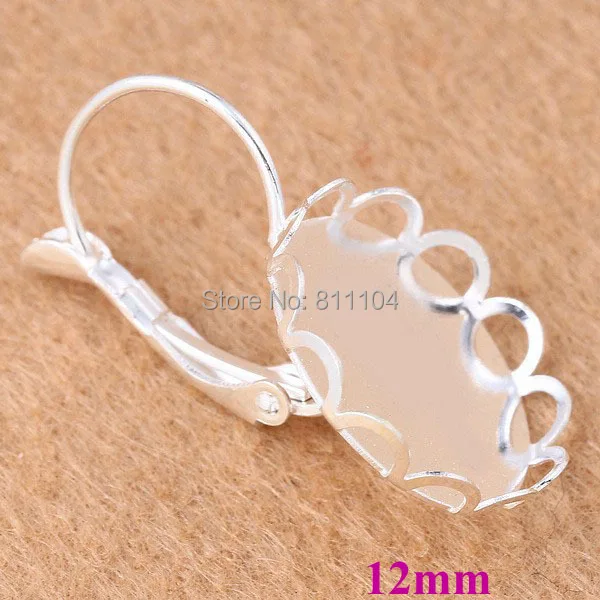

12mm New Silver tone Plated Round Bases Lace Bezel French Style Clip Hook Cabochon Settings Earrings Blank Wholesale