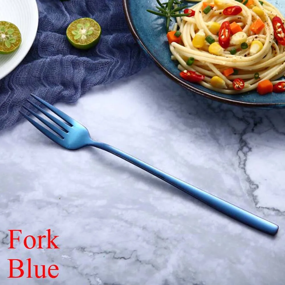 Fork blue Посуда из нержавеющей стали цвета радуги ложка с длинной ручкой вилка Совок Мороженое Ложки для чая и кофе столовые приборы кухонные принадлежности - Цвет: Fork blue