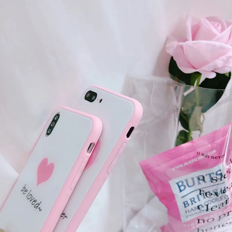 Модный розовый чехол из закаленного стекла серии Love Heart с узором для iPhone XS MAX XR X 10 7
