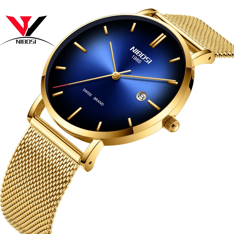 

New Mens Watches Unique Design Stainless Steel Mesh Strap Luxury NIBOSI 2360 Sport Wrist Watch Men's Fashion Casual Date Watches