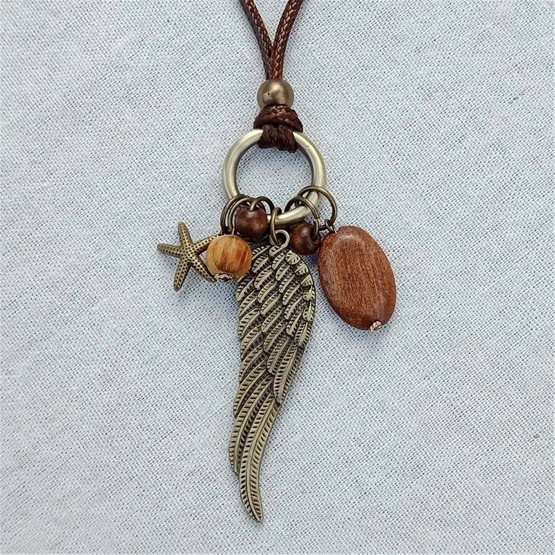 2018 двойной винтажный длинный кулон ожерелье деревянные звезды крылья ручной
