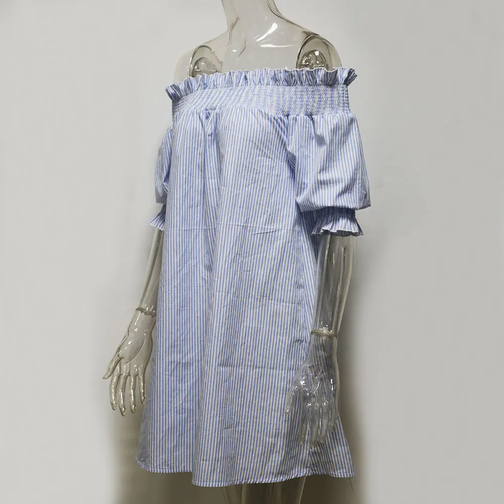 2017 летнее стильное платье с открытыми плечами Полосатое Короткое мини-платье