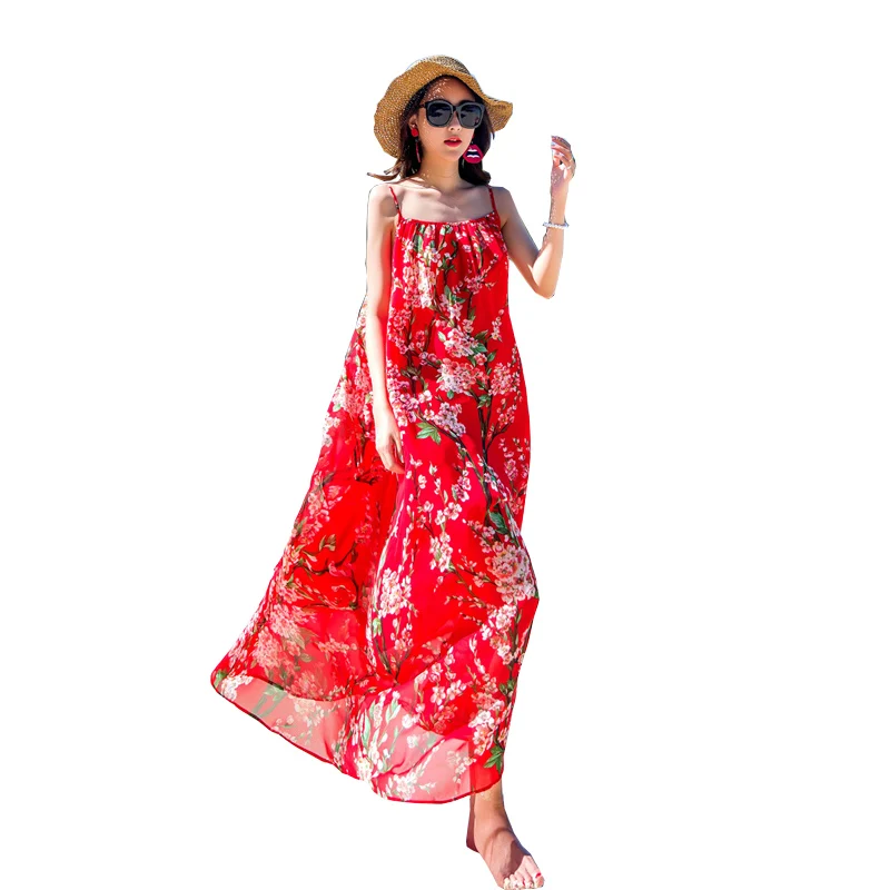 

Summer Dress Women Korean 2018 Bohemian Sleeveless Chiffon Beach Dresses Floral Long Dress Big Pendulum Fashion Vestido ZL037