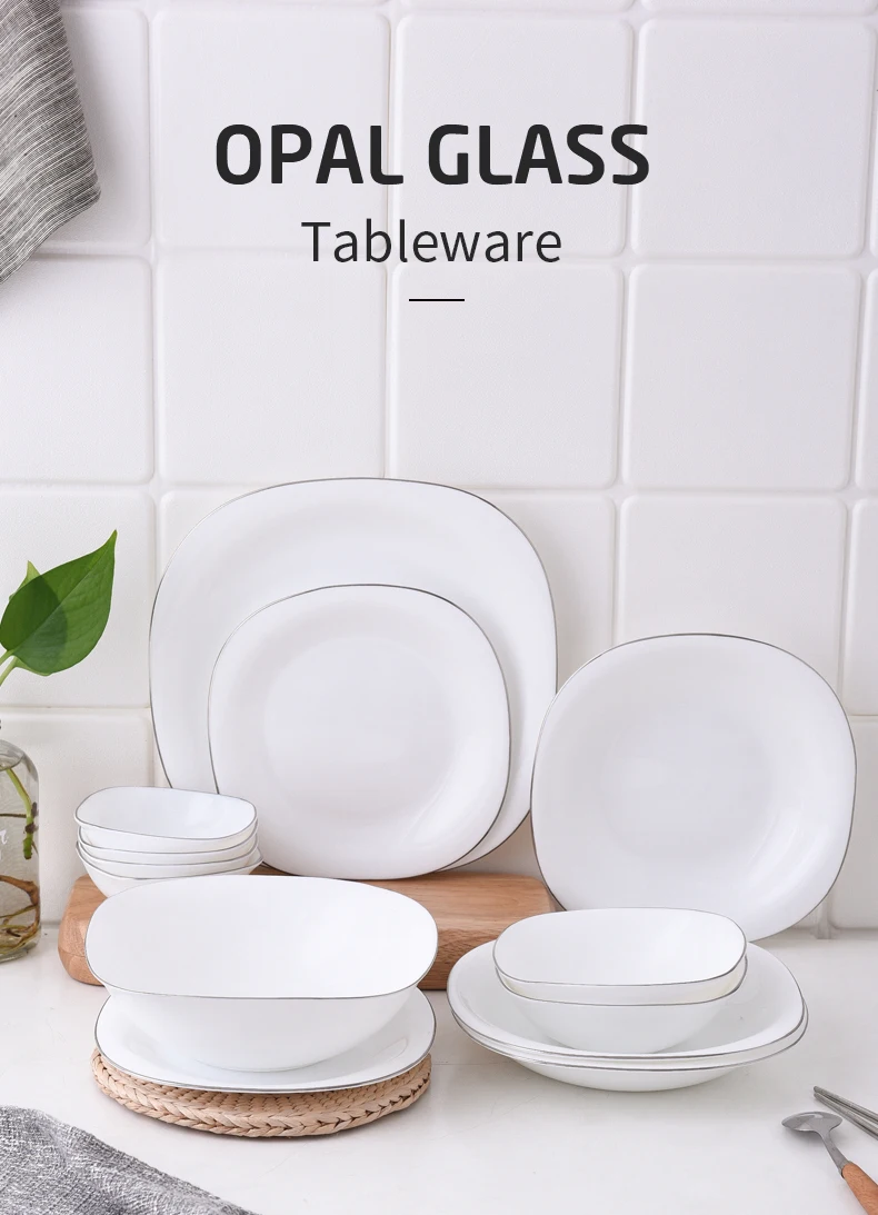 Golden Edge Square White Opal Glass Porcelain Deep Plates Dishes Tableware Steak Salad Bowl Breakfast Dish Plate