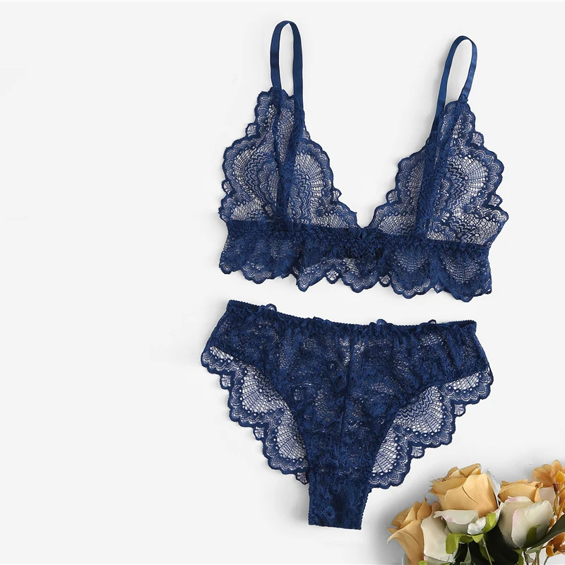 SHEIN Кружевной Комплект Белья С Фестонами Сексуальное Женское Белье С V-образным Вырезом Без Рукавов