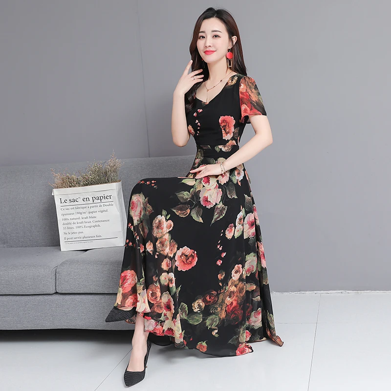 2019 Summer New Arrival High Quality S-3XL Bohemian V Collar Flower Printed Woman Long Chiffon Dress | Женская одежда