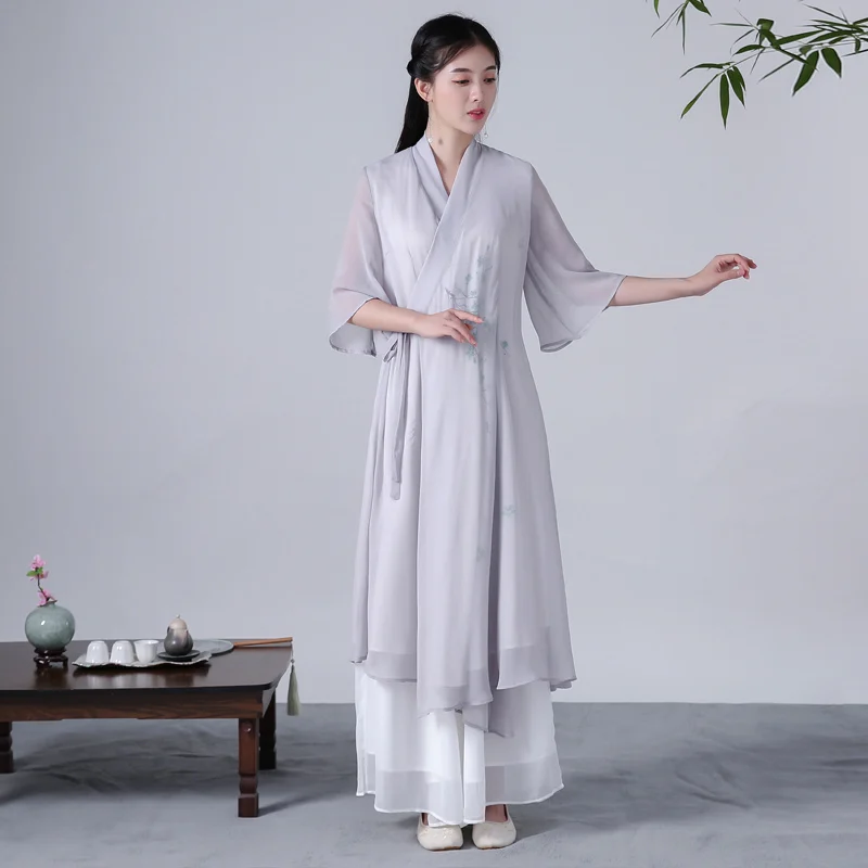 Весенне-осеннее платье Hanfu с поясом, женское хлопковое льняное шифоновое Двухслойное белое Плиссированное женское платье, китайские платья