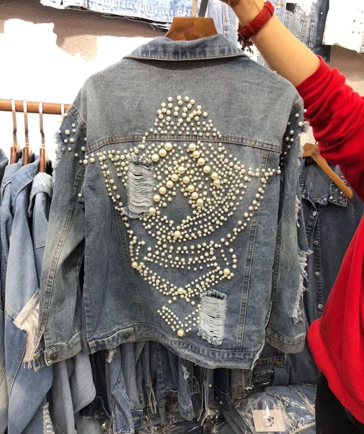 Оптовая продажа джинсовые куртки со стразами и бисером женская модная