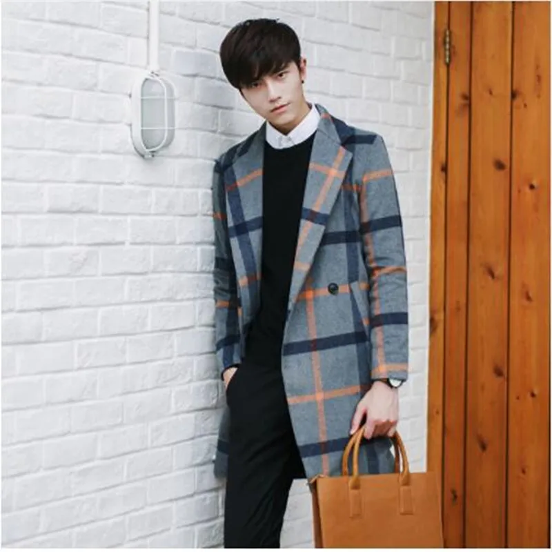Корейская версия длинная кодовая ветровка Повседневная Клетчатая Мужская