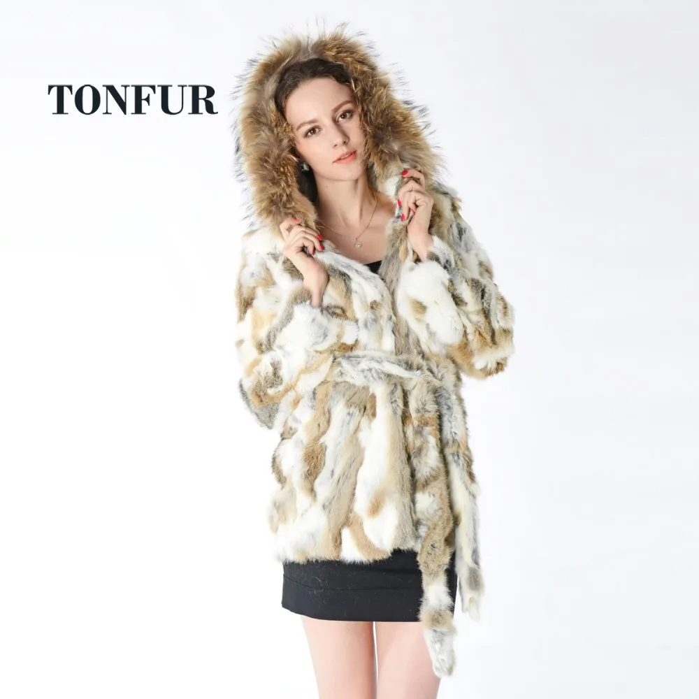 Женское длинное пальто с поясом из натурального меха кролика Рекс TFP537 | Женская