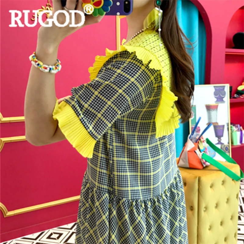 Женское платье в клетку RUGOD Свободное длинное стиле Питера Пэна с кружевным