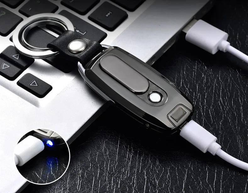 Новая Металлическая перезаряжаемая Электронная зажигалка USB брелок для ключей с зажигалкой сигарета турбо Зажигалка Кожаная цепочка для ключей сигары Palsma