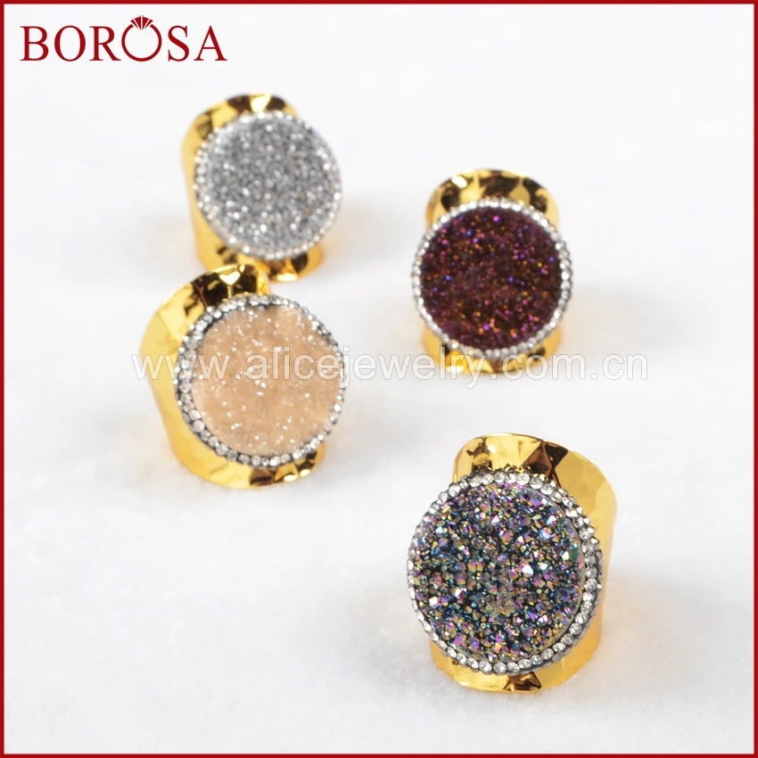 

BOROSA Druzy Round Natural Crystal Drusy Titanium Multi-color Druzy Gold Color Band Ring Paved Zircon JAB375