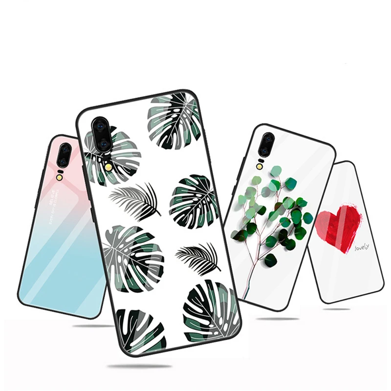 ELETEIL Glossy Shockproof Tempered Glass Phone Case For Huawei P20 Lite Pro Plus Floral Space Heart Pattern Cover E2 |