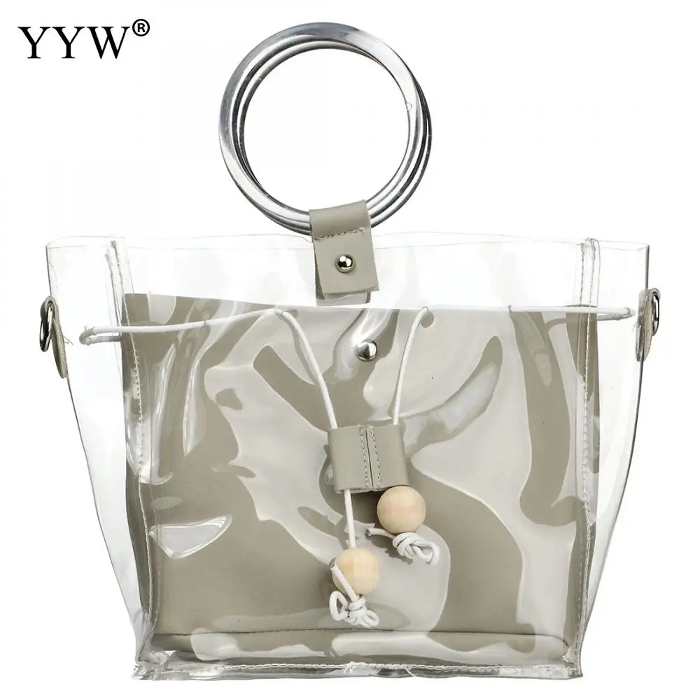 

YYW 2019 Fashion Handle Handbags Female Two Piece PVC Bucket Bag Pvc Bucket Bag Transparent Shoulder Purse Jelly Handbag bags