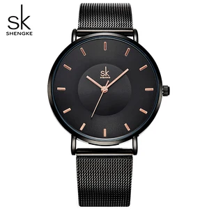Ультратонкие кварцевые часы SHENGKE, черные, 7 мм, с большим циферблатом