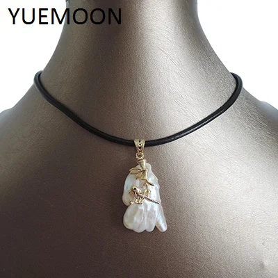 GOLD PENDANT Натуральный пресноводный жемчуг кулон ожерелье, натуральная кожа цепь-30-40 мм БАРОККО жемчужный кулон, золото и серебро, птицы, фольга - Окраска металла: GOLD PENDANT