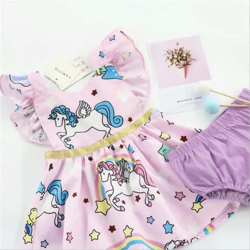 Фиолетовый Хлопковое платье для маленьких девочек с рисунком единорога одежда