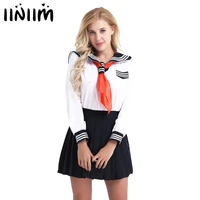 womens sailor school girls uniform dress up suit cosplay costume long sleeve shirt with pleated skirt and triangle neckerchief