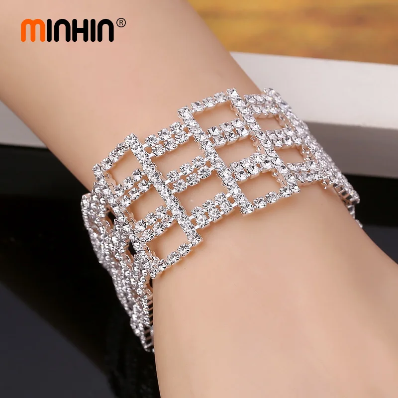 MINHIN Bracelet For Women Sparkling Rhinestone Mosaic Geometric Design Wide Hollow Bangles Wedding Jewelry | Украшения и