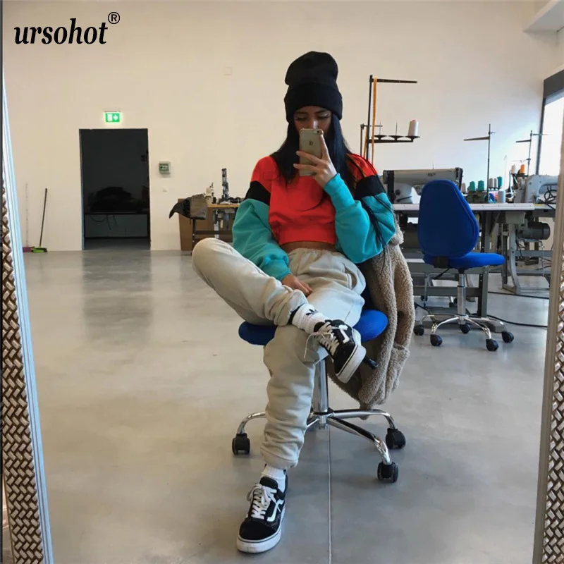 Ursohot осень зима Модные Лоскутные толстовки с круглым вырезом и длинными рукавами