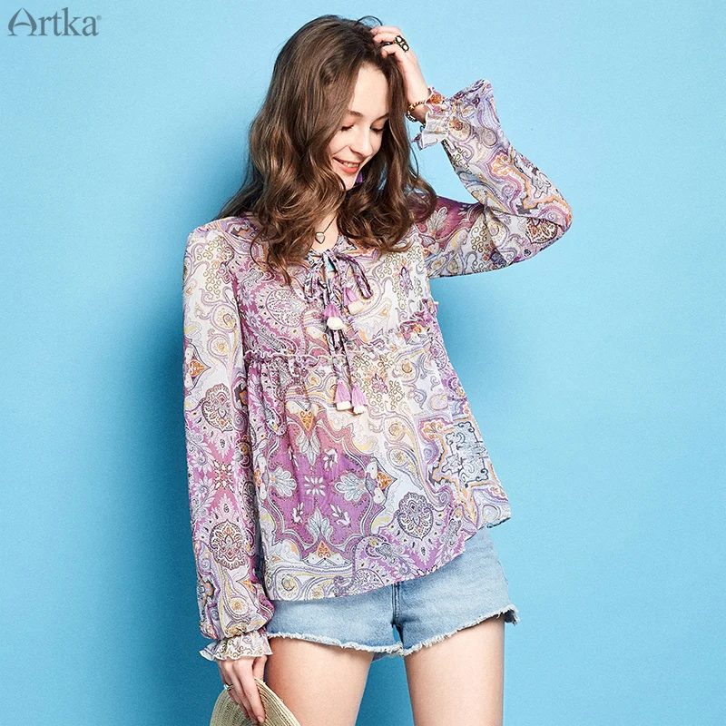 ARTKA, Весенняя новинка, женская рубашка с цветочным рисунком, полиэстер, винтажный стиль, длинный рукав, топы для девушек, универсальная блуза SA10494C