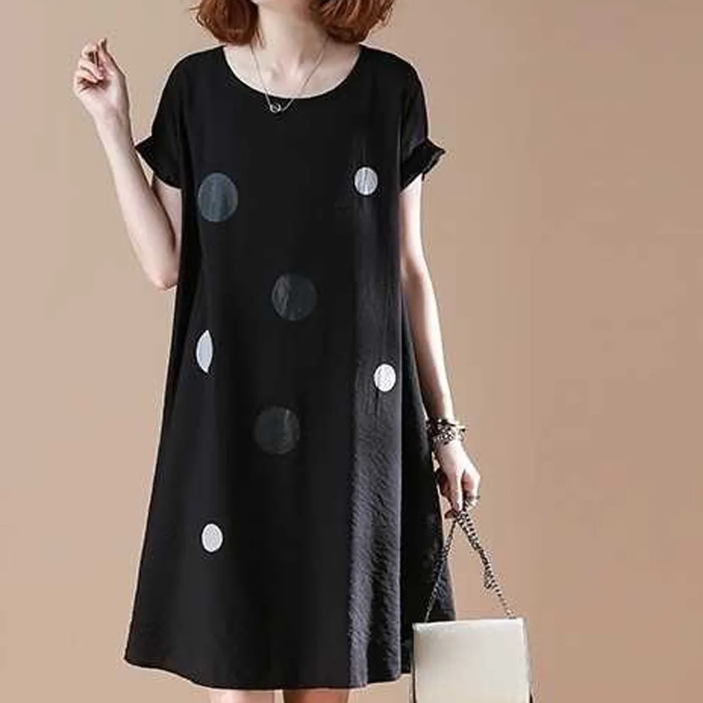 Повседневное платье с круглым вырезом летняя Рабочая точечная волновая печать