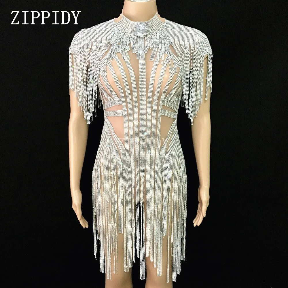 Bling Silver Rhinestones Fringes Bodysuit Birthday Celebrate Costume Female Singer Tassel Leotard Stage Dance Wear | Женская одежда
