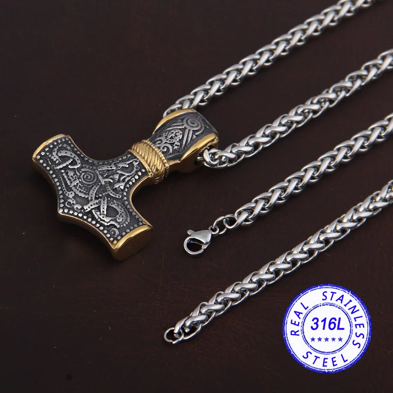 Necklace with chain Дропшиппинг из нержавеющей стали Тор молот Мьёльнир кулон ожерелье Викинг скандинавский, норвежский колье с кулоном в стиле викингов мужской подарок - Окраска металла: Necklace with chain