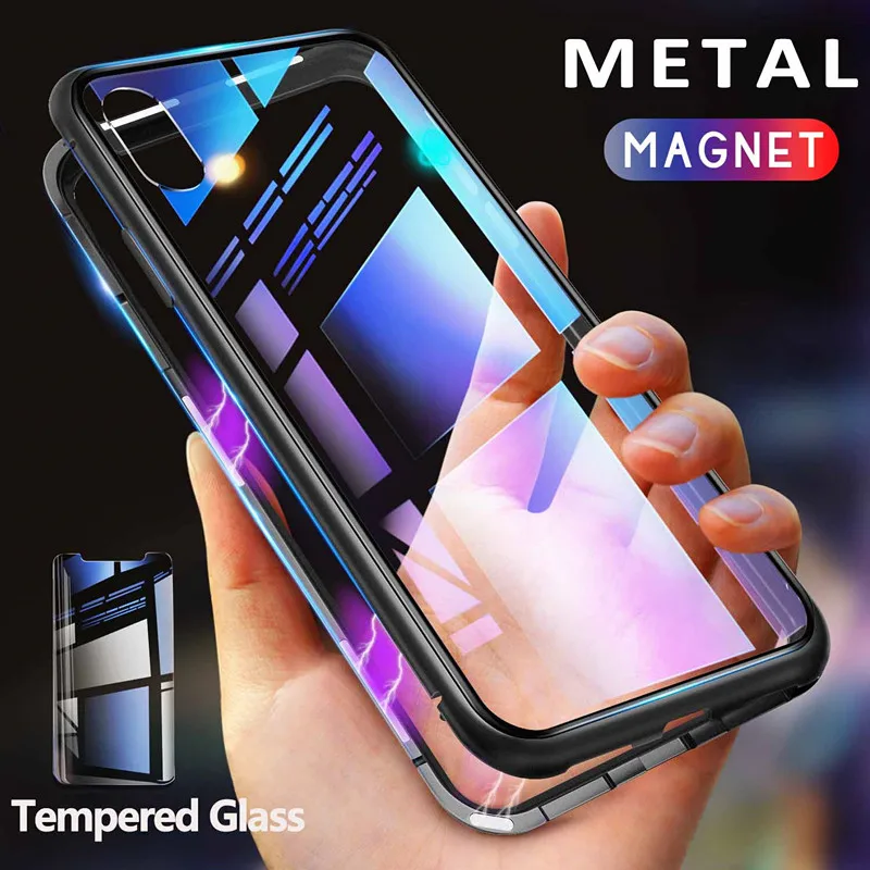 Metal Magnetic Case for iPhone XR XS MAX X 8 Plus 7 +Tempered Glass Back Magnet Cases Cover 6 6S |