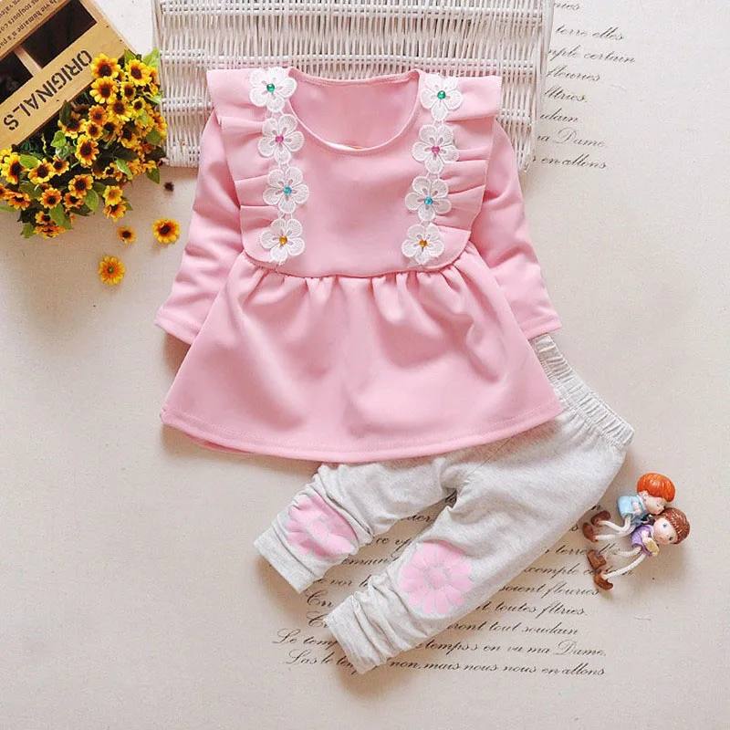 Conjunto roupas de bebe/осенние костюмы из 2 предметов для девочек кружевные штаны+ футболка с длинными рукавами и круглым вырезом с цветочным принтом вечерние комплекты для маленьких принцесс