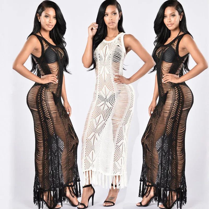 Новое Женское пляжное платье с бахромой и кисточками длинное летнее белого