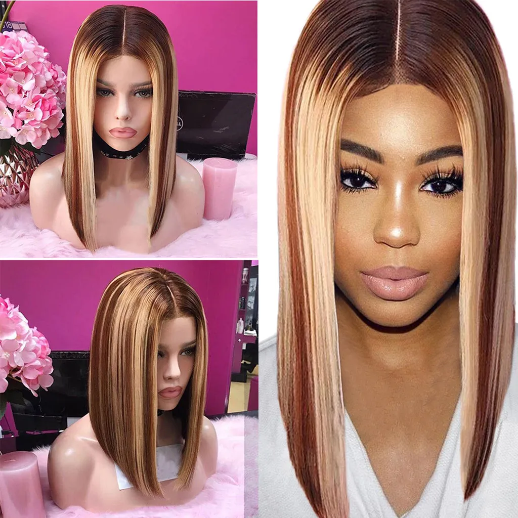 Натуральный длинные прямые волосы парики разноцветные Золото Градиент Длинные