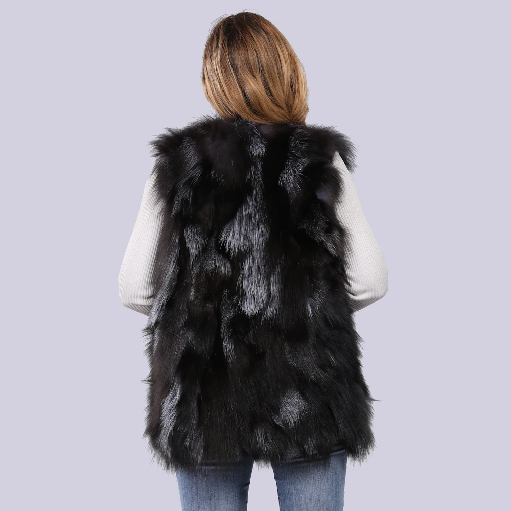Весенне осенний женский жилет из натурального Лисьего меха длинный стильный