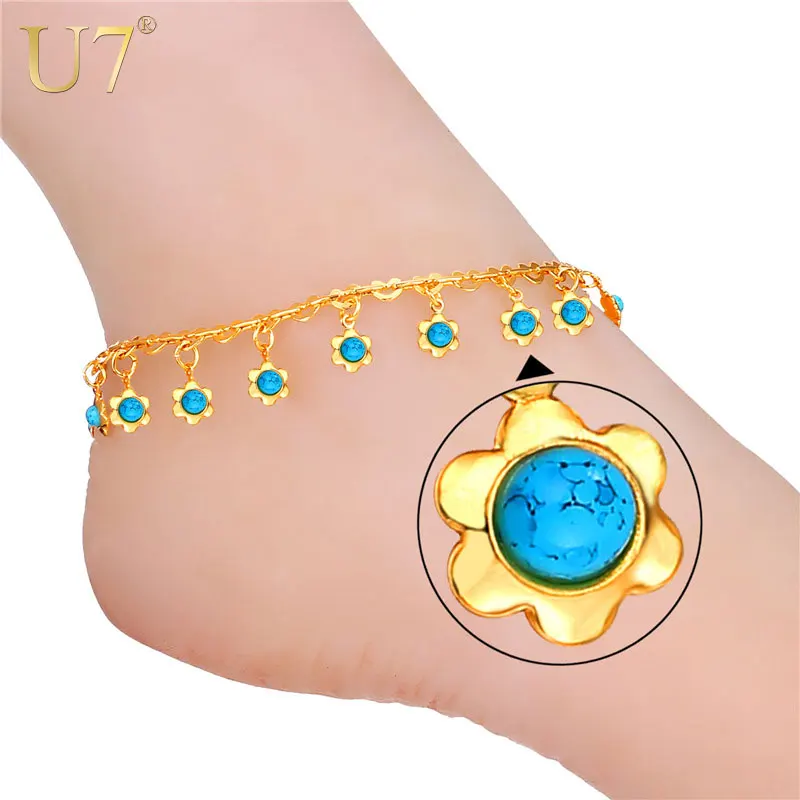 U7 Бирюза Ножной Браслет Позолоченные Цветок Цепь Лодыжки Для Женщин Ювелирные Изделия А320