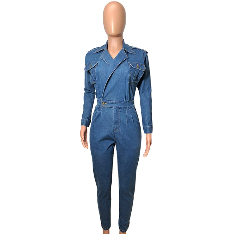 blue Модные уличные джинсовые комбинезоны женские осенние боди с длинными рукавами тонкий хлопок сексуальные джинсы комбинезон в обтяжку - Цвет: blue